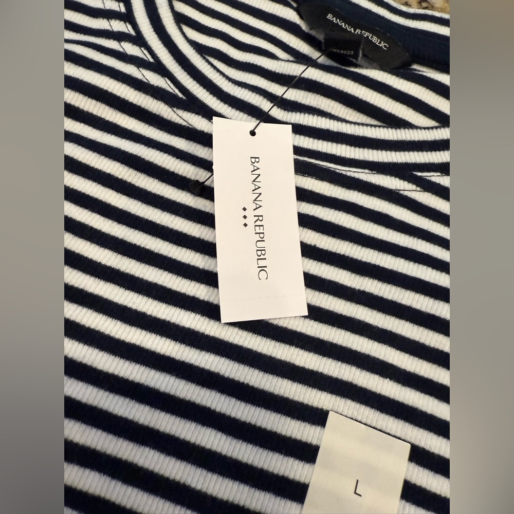Banana Republic Factory ribbed elbow sleeve tee blue white stripe SZ LG - Picture 7 of 13